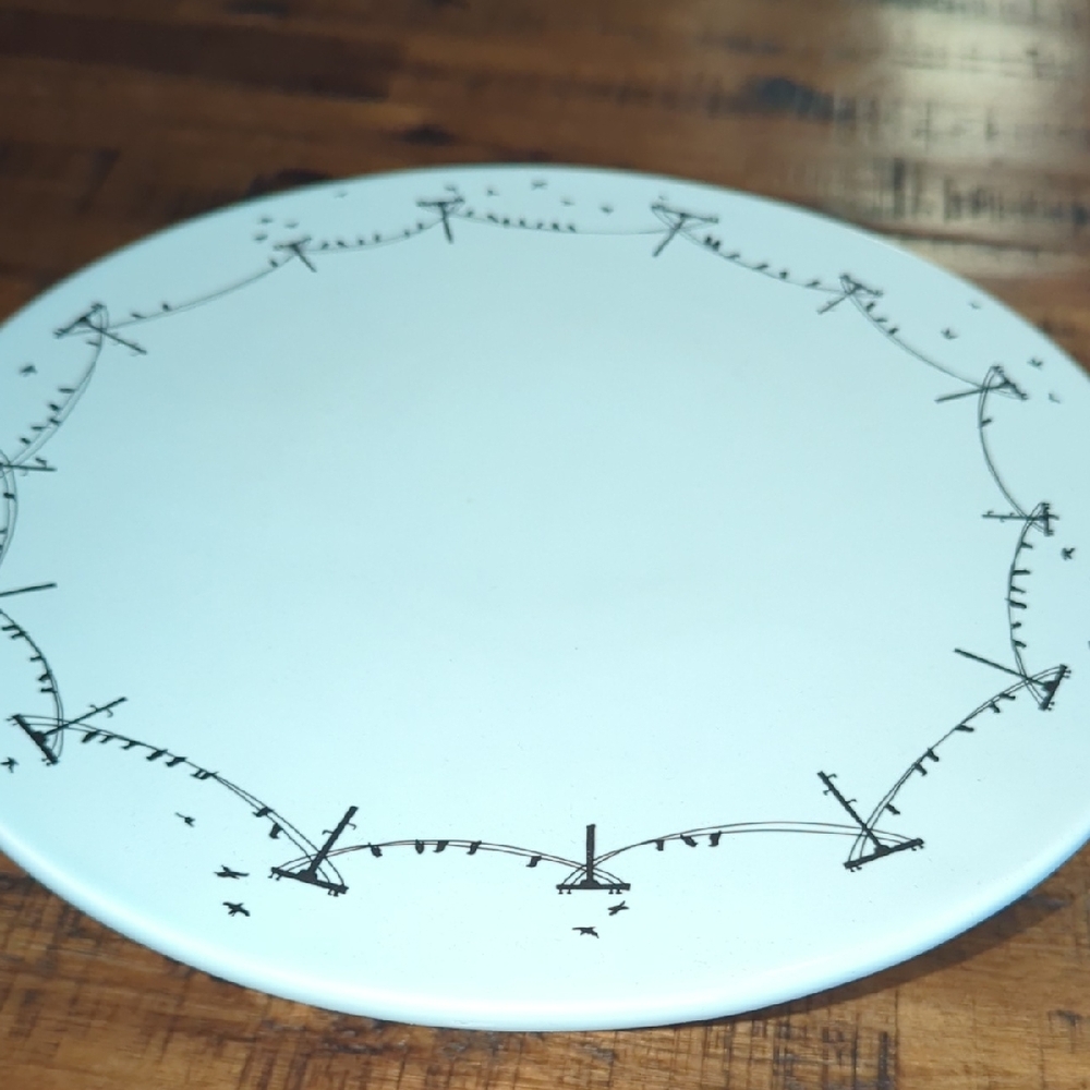 Lineman Cake Plate Pedestal Stand Black Birds Fishs Eddy
